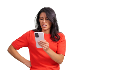 Woman reacting to bad news on phone, transparent background