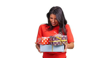 Happy woman holding colorful gift boxes celebrating holiday