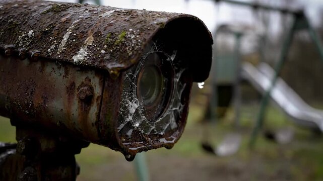 Rusty Security Camera with Broken Glass Sits Near a Playground's Swing Set.