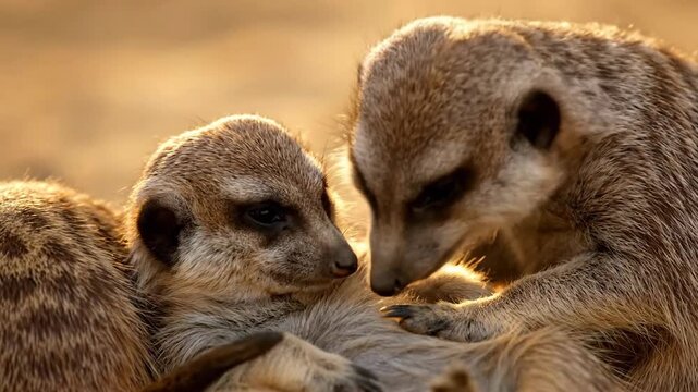A Pair of Meerkats Huddle Together; one Rests upon the Fur of Another Meerkat.