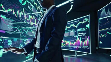 A businessman analyzes digital stock charts on curved screens. Side angle captures a futuristic, tech-driven video concept in a dimly lit room. - Powered by Adobe