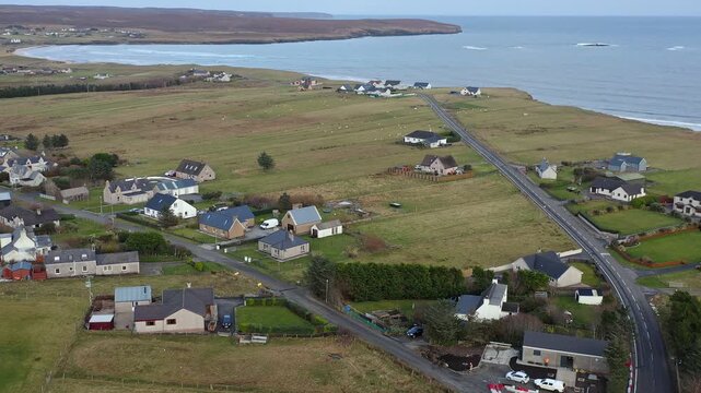Static drone shot of Gress beach in the village of Back on the Isle of Lewis.