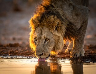 Lion drinking water at sunset, sun highlighting its mane, with clear reflection on pool, sandy ground