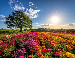 Obraz premium Vibrant Flower Field Under Bright Sunlight with Blue Sky and Tree