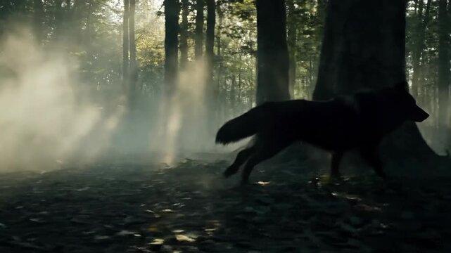 A lone wolf sprints powerfully Through a misty forest landscape at Early morning.