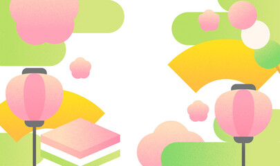 ひな祭りの背景素材　菱餅と梅とぼんぼりのレトロなフラットイラスト