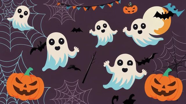 Festive Halloween Background with Pumpkins, Ghosts and Spooky Decorations