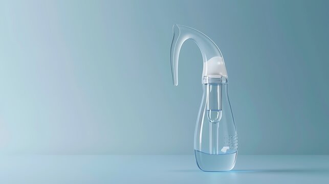 Elegant teardrop-shaped nasal irrigation device stands vertically with liquid inside on a light blue.