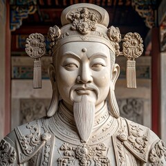 Intricate stone bust depicts a wise, bearded man in ornate robes and headdress against a traditional architectural backdrop