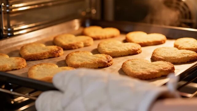 Fresh Golden Cookies In Oven, Gloved Baker Removes Tray, Parchment Lined Sheet With Multiple Cookies, Steam Rising From Warm Edges, Soft Kitchen Glow, Close Up Of Crispy Texture And Cozy Atmosphere.
