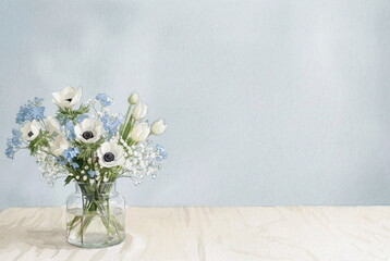 Fototapeta premium Flowers in a vase watercolor painting art still life. White, blue flowers on light blue background with copy space. Holiday, greeting card, interior, template, mockup.