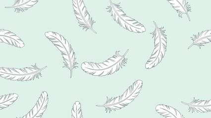 Fototapeta premium Soft and airy seamless pattern featuring hand drawn white feathers drifting across a pale mint green background for a calm feel.