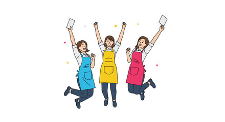 Group of three female workers wearing aprons and jumping for joy while holding tickets or flyers in a celebration pose.
