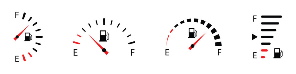 Fuel gauge icons. Car gas level indicator symbol. Transparent PNG and vector illustration