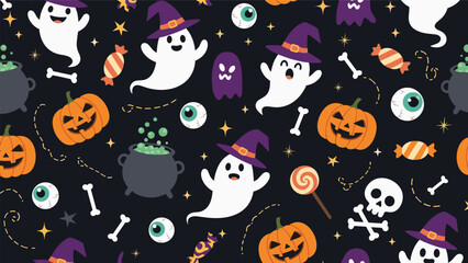 Playful halloween seamless pattern featuring spooky ghosts carved pumpkins bubbling cauldrons skulls eyeballs and festive candy on a dark background.