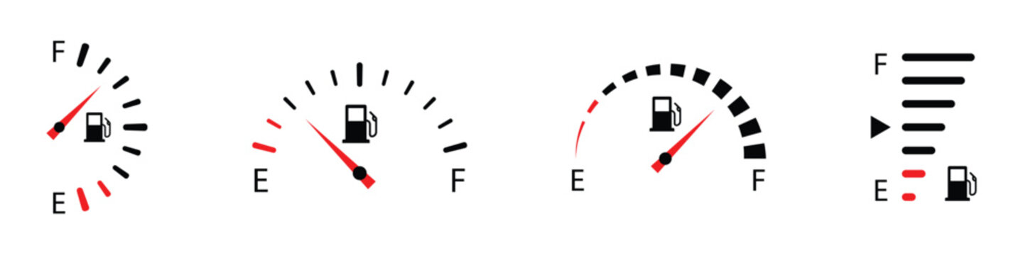 Fuel gauge icons. Car gas level indicator symbol. Transparent PNG and vector illustration