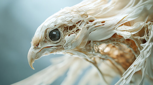 Side view of a hybrid creature showing integration of bird wing bones beneath skin 