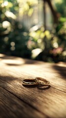 Golden Wedding Rings on Rustic Wood in Sunlight