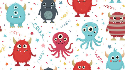 Fototapeta premium Fun and colorful seamless pattern featuring many different cute monsters with multiple eyes horns and tentacles along with stars and streamers.