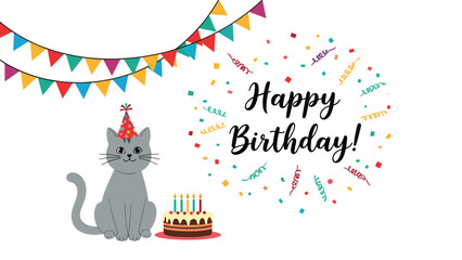 Obraz premium Adorable grey cat wearing a red polka dot party hat sitting next to a delicious chocolate birthday cake with five lit candles and confetti.