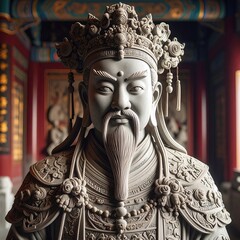 Intricate stone statue of a deity with elaborate headdress and long beard, set against a temple backdrop