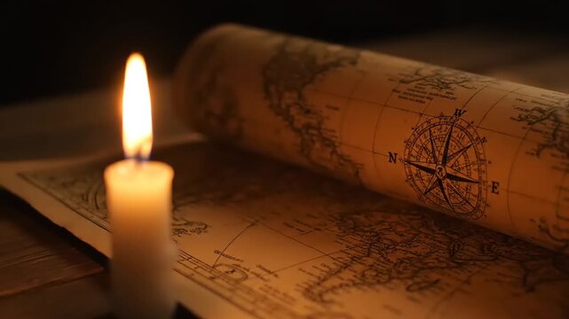 Ancient Map and Candle Illuminating a Mysterious Journey.