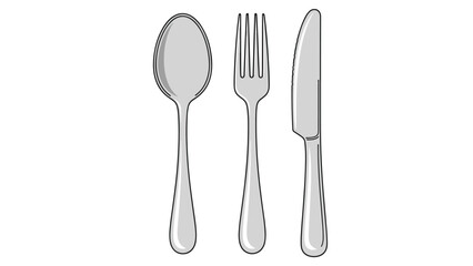 Clean line drawing of a standard stainless steel cutlery set with a spoon, fork, and table knife arranged vertically for dining and food concepts.