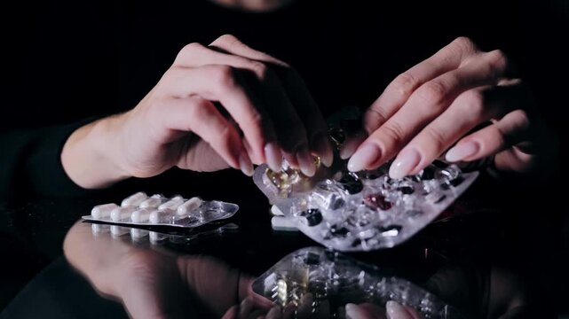 Close up of woman hands holding blister packs with omega3 iron and magnesium
