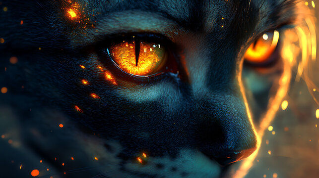 Realistic hybrid human with cat-like eyes, fur-lined cheekbones, and sharp details under vibrant lighting 