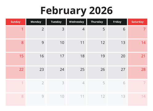 February 2026 planner calendar. English monthly page