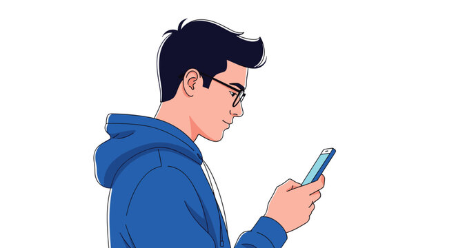 Young man with glasses and a blue hoodie looking at his smartphone screen from a side profile view on white background.