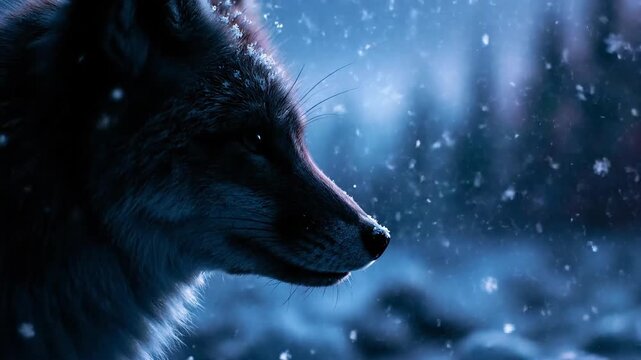 Majestic profile of a black wolf in a snowy, atmospheric winter setting.