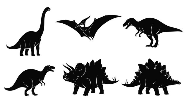 Set of black dinosaur silhouettes including brachiosaurus pterodactyl tyrannosaurus rex triceratops and stegosaurus on a white background.