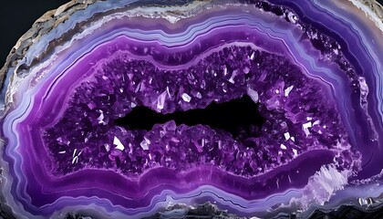Cross-section of a geode displaying crystalline formation and vibrant purple and white banded colors