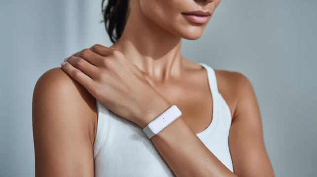 Woman wearable health device wristband fitness tracker white skin closeup Confident woman wearing white fitness wristband health tracker on wrist
