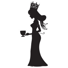 Elegant woman in long dress and crown holding a wine glass