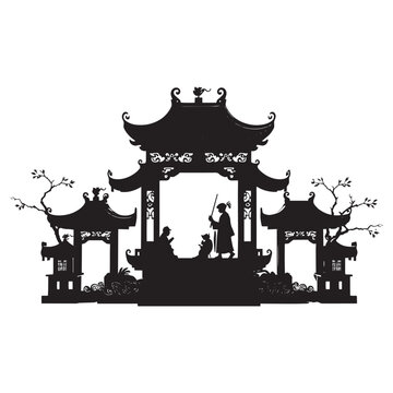 Traditional Chinese pagoda with people in serene garden setting