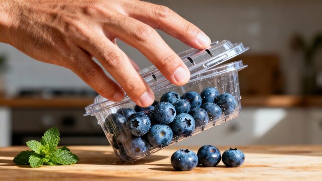 Person carefully lifts the lid of a clear plastic clamshell package containing fresh blue blueberries covered in water droplets beside vibrant green mint leaves.