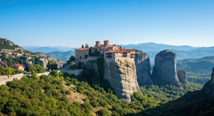 Fototapeta premium Ancient monastery atop sandstone pillars, surrounded by lush greenery and distant mountains
