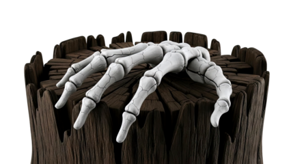 Skeleton Hand Emerging from Cracked Wood Stump