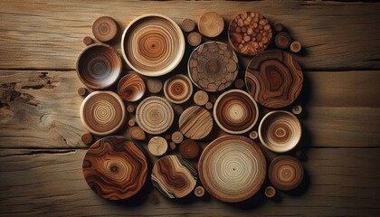 Decorative surface made of natural wooden discs arranged in an organic composition. Suitable for interior decor, surface design, backgrounds, and creative projects.