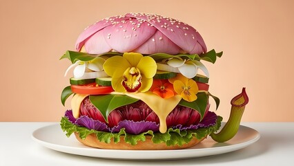 Artistic Burger Made of Colorful Flowers and Petals - Vegan Concept