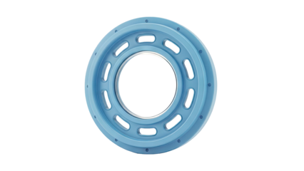 Blue circular object with holes and circular indentations