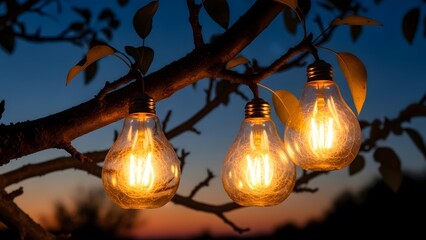 Glowing Light Bulbs Hanging from Tree Branch at Sunset - Magical Atmosphere