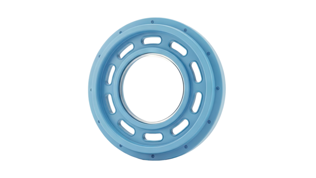 Blue circular object with holes and circular indentations - Powered by Adobe