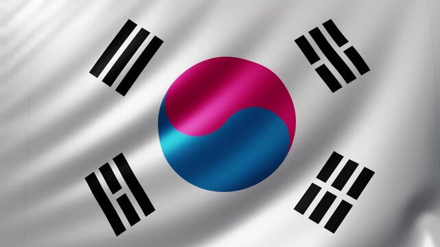 South Korean flag waving realistically with dynamic fabric motion, featuring taegeuk and trigrams, ideal for cultural, educational, cinematic, and professional digital visuals.