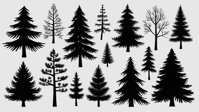 Set of silhouette trees isolated on light background for ecological decoration