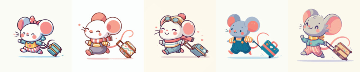 Naklejka premium cute mouse vector dragging a suitcase