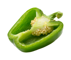 Fresh green bell pepper half cut open isolated on transparent background