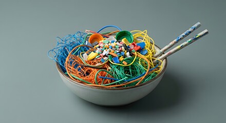 Bowl of Plastic Waste and Cables Resembling Ramen Noodles - Pollution Concept